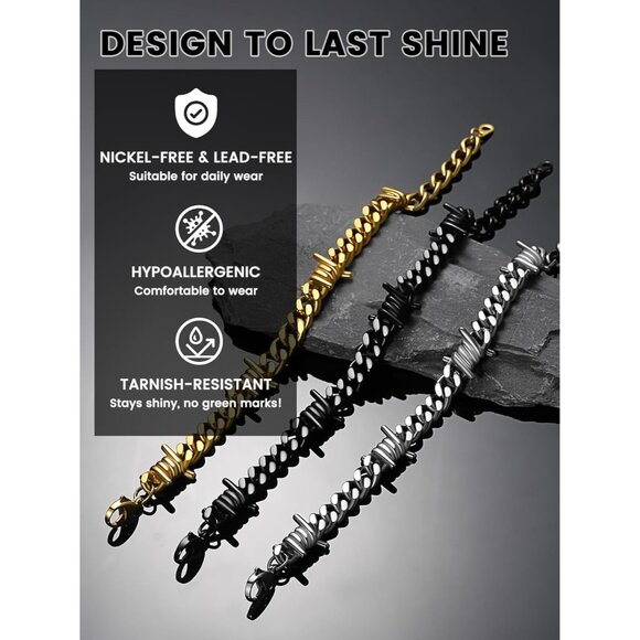 Siver Barbed Wire Cuban Chain Bracelet 7/9mm Punk Gothic Stainless Steel Unisex - Picture 9 of 9